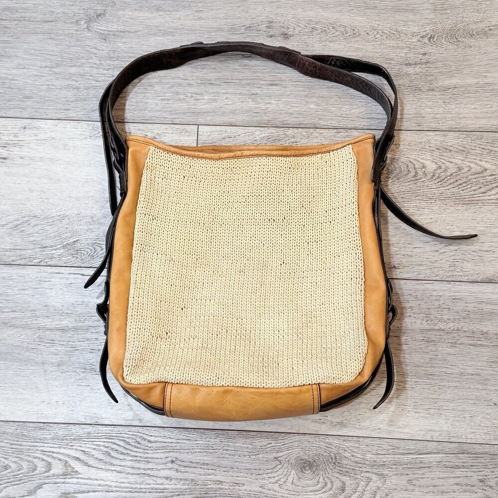 Anthropologie Holding Horses Leather With Crochet Purse Tote Bag Brown Beige